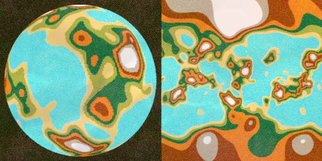 左に球投影、右にメルカトル投影された世界地図