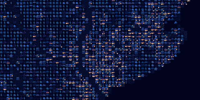 夜の地図で建物の灯りが輝いている様子